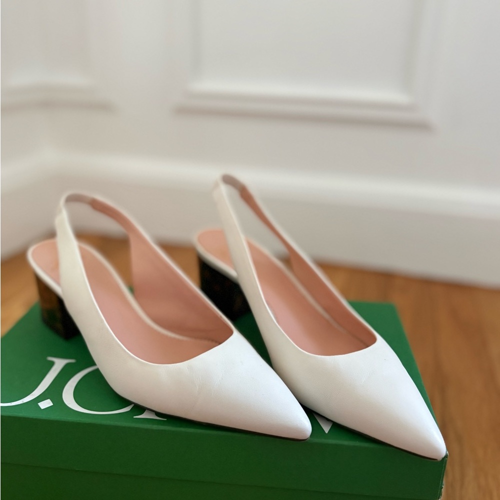 J.Crew White Pointed Slingback Tortoise HmBlock Heel - 7.5